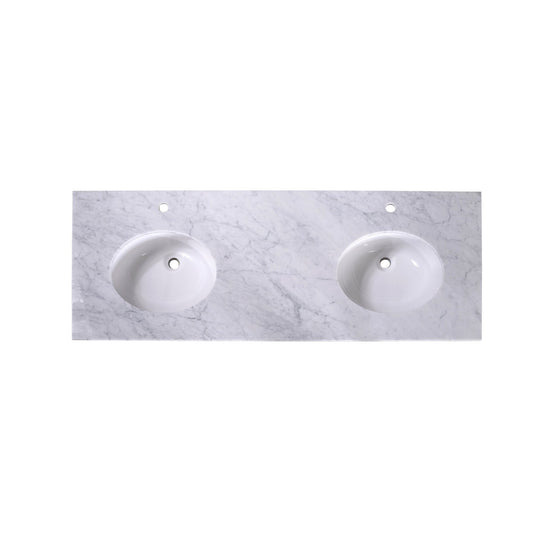 Silkroad Exclusive 60" x 22" White Carrara Marble Vanity Top With White Double Oval Undermount Sink and 4" Backsplash