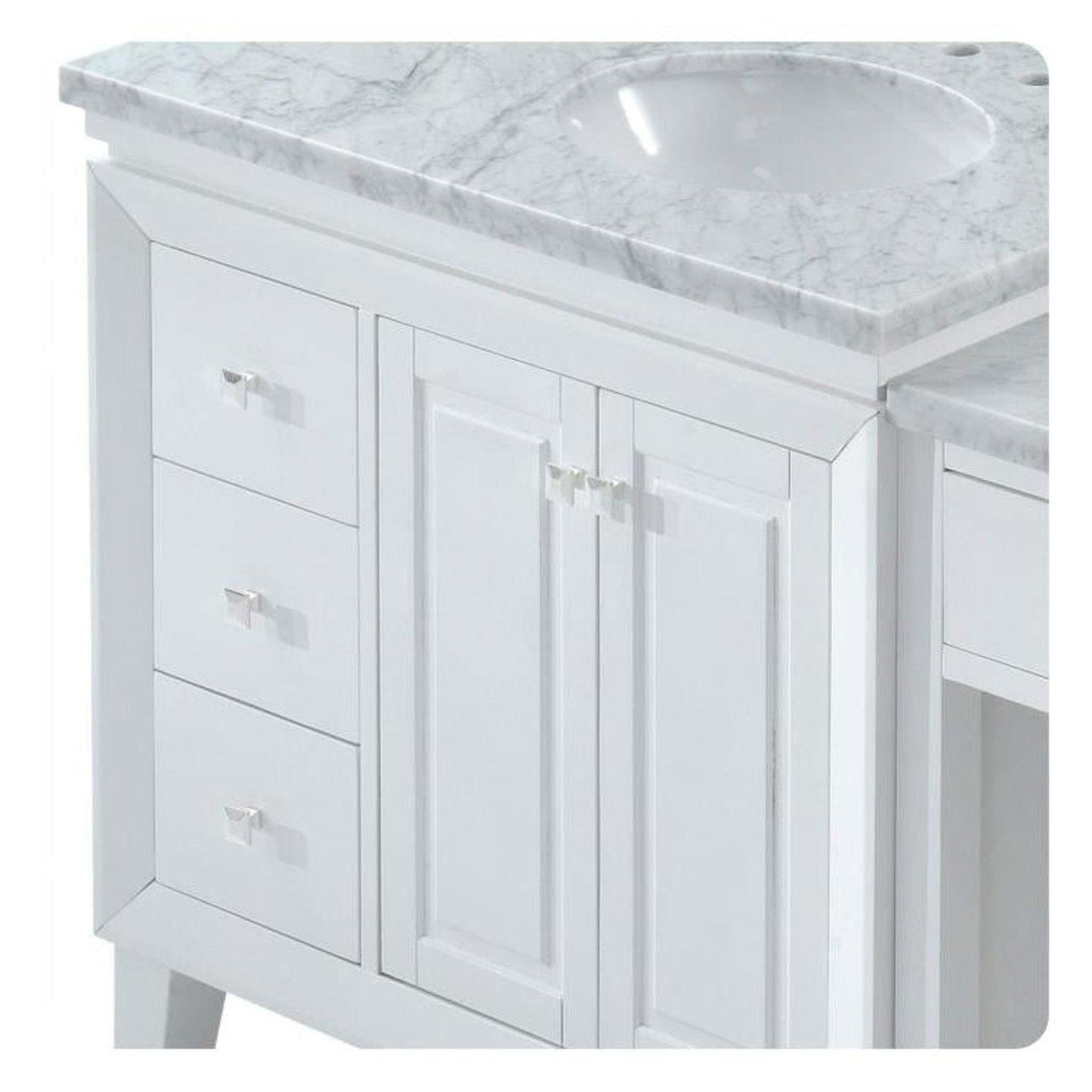 Silkroad Exclusive 67" Single Left Sink White Modular Bathroom Vanity With Carrara White Marble Countertop and White Ceramic Undermount Sink