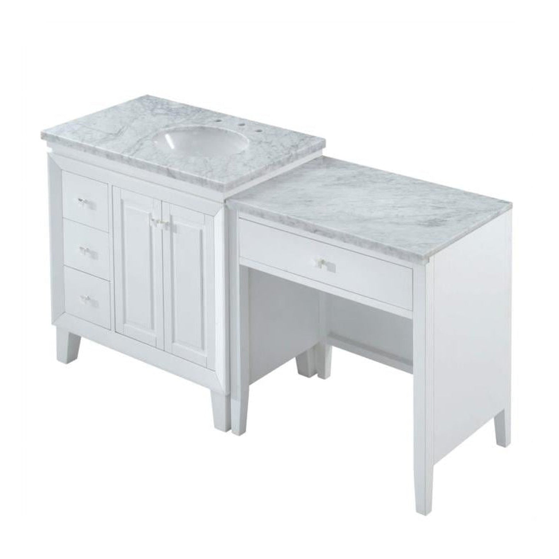 Silkroad Exclusive 67" Single Left Sink White Modular Bathroom Vanity With Carrara White Marble Countertop and White Ceramic Undermount Sink