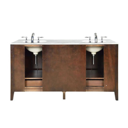 Silkroad Exclusive 68" Double Sink Dark Walnut Bathroom Vanity With Carrara White Marble Countertop and White Ceramic Undermount Sink