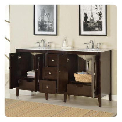 Silkroad Exclusive 68" Double Sink Dark Walnut Bathroom Vanity With Carrara White Marble Countertop and White Ceramic Undermount Sink