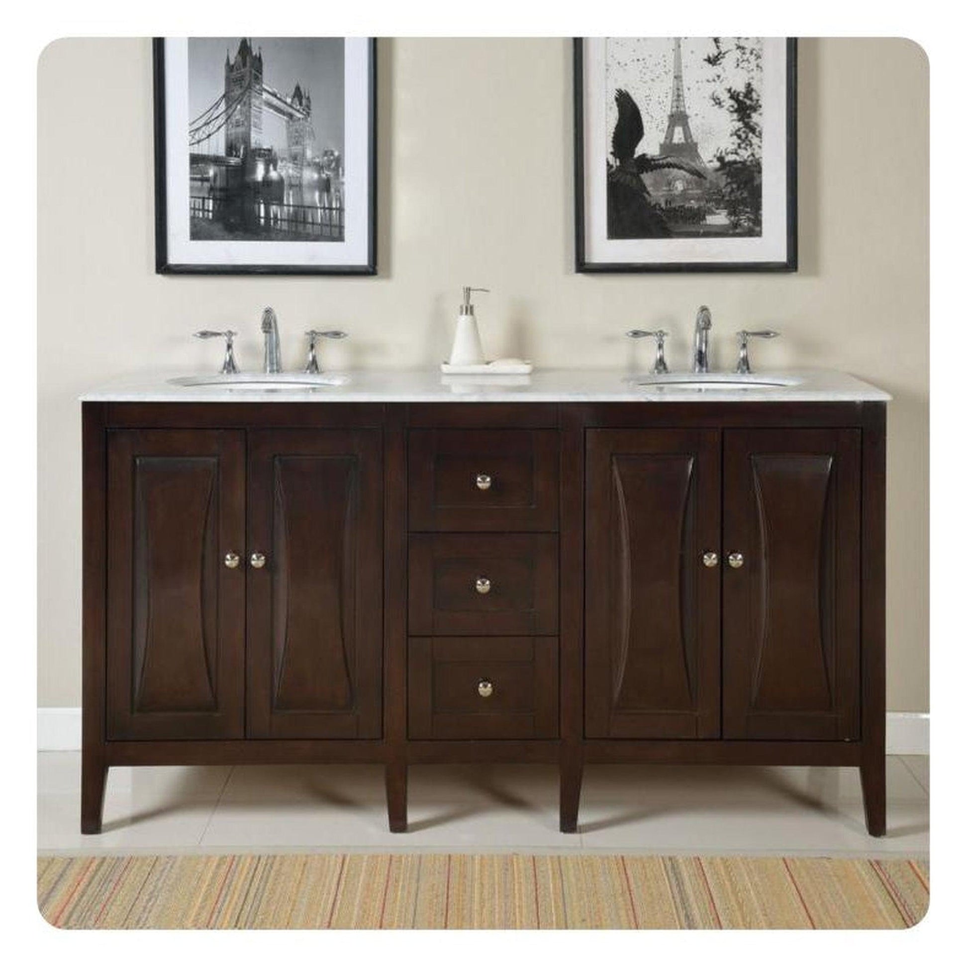 Silkroad Exclusive 68" Double Sink Dark Walnut Bathroom Vanity With Carrara White Marble Countertop and White Ceramic Undermount Sink