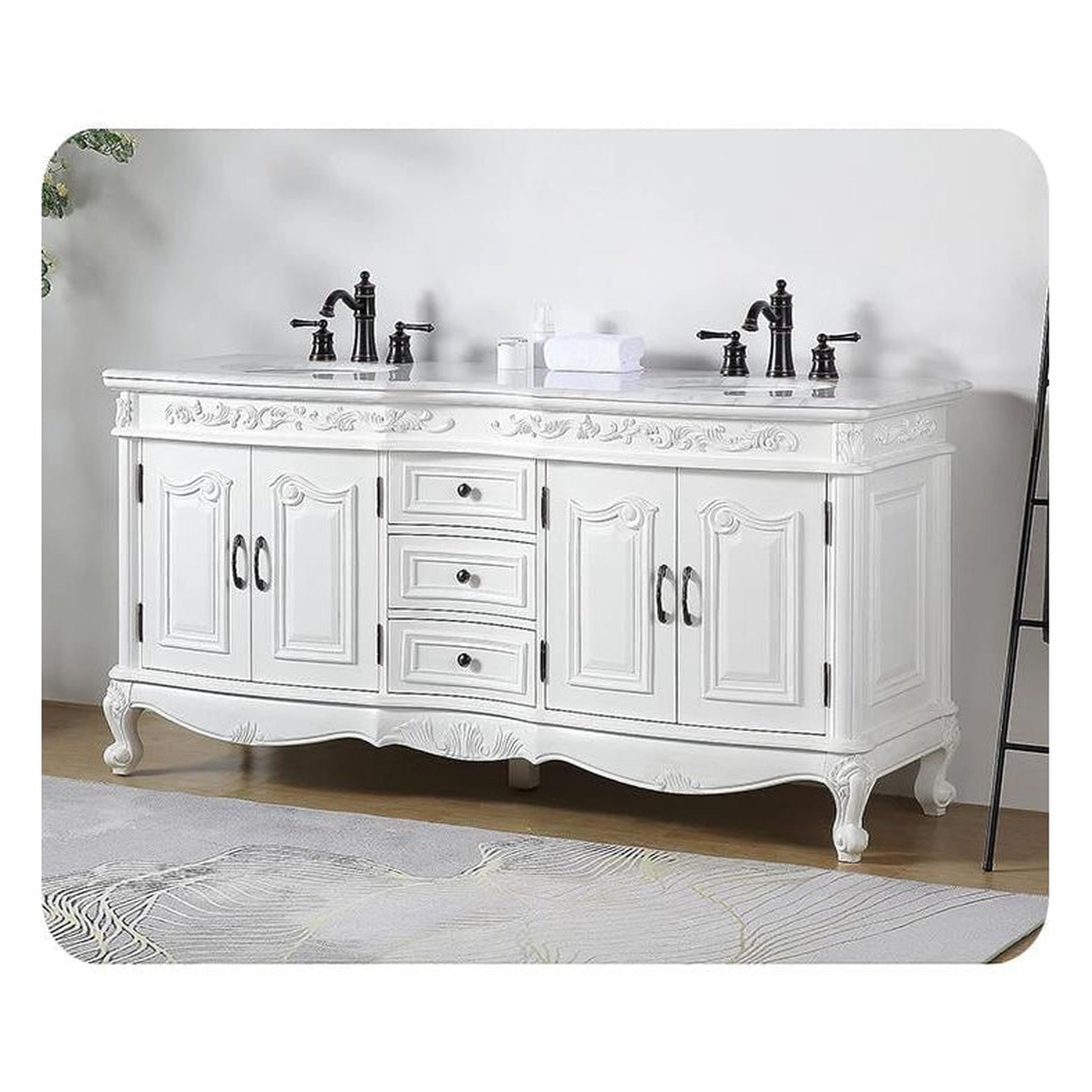 Silkroad Exclusive 72" Double Sink Antique White Bathroom Vanity With Carrara White Marble Countertop and White Ceramic Undermount Sink