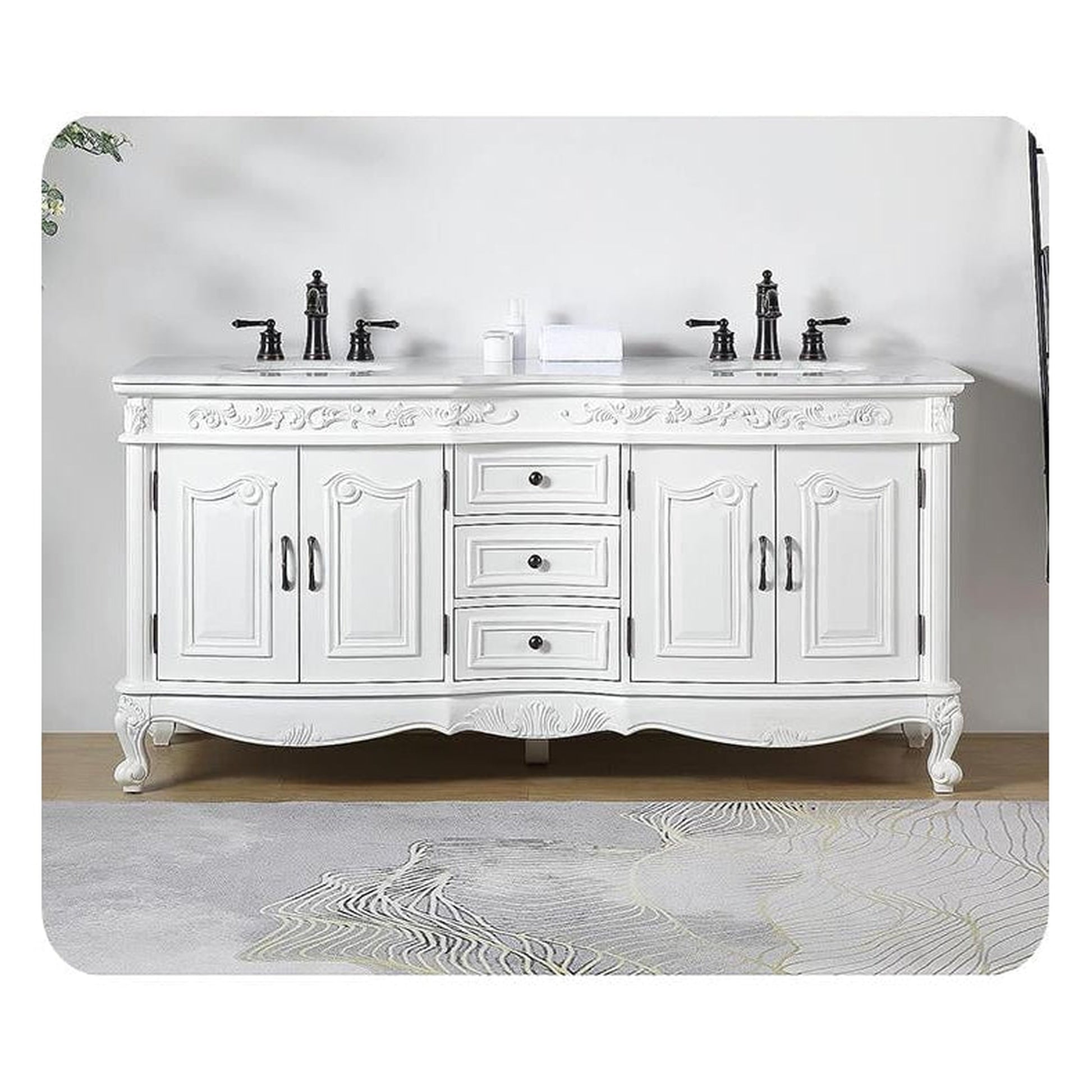 Silkroad Exclusive 72" Double Sink Antique White Bathroom Vanity With Carrara White Marble Countertop and White Ceramic Undermount Sink