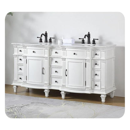 Silkroad Exclusive 72" Double Sink Antique White Bathroom Vanity With Carrara White Marble Countertop and White Ceramic Undermount Sink