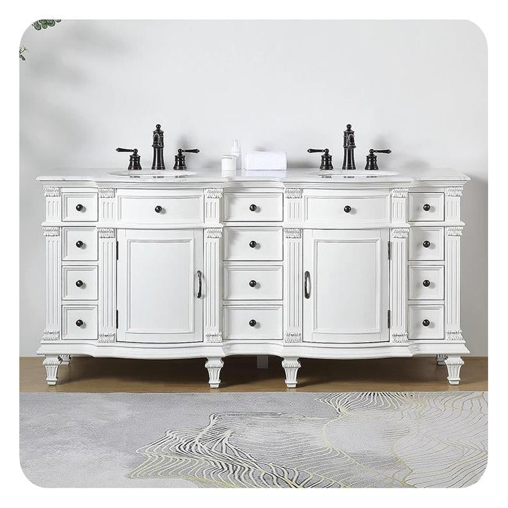 Silkroad Exclusive 72" Double Sink Antique White Bathroom Vanity With Carrara White Marble Countertop and White Ceramic Undermount Sink