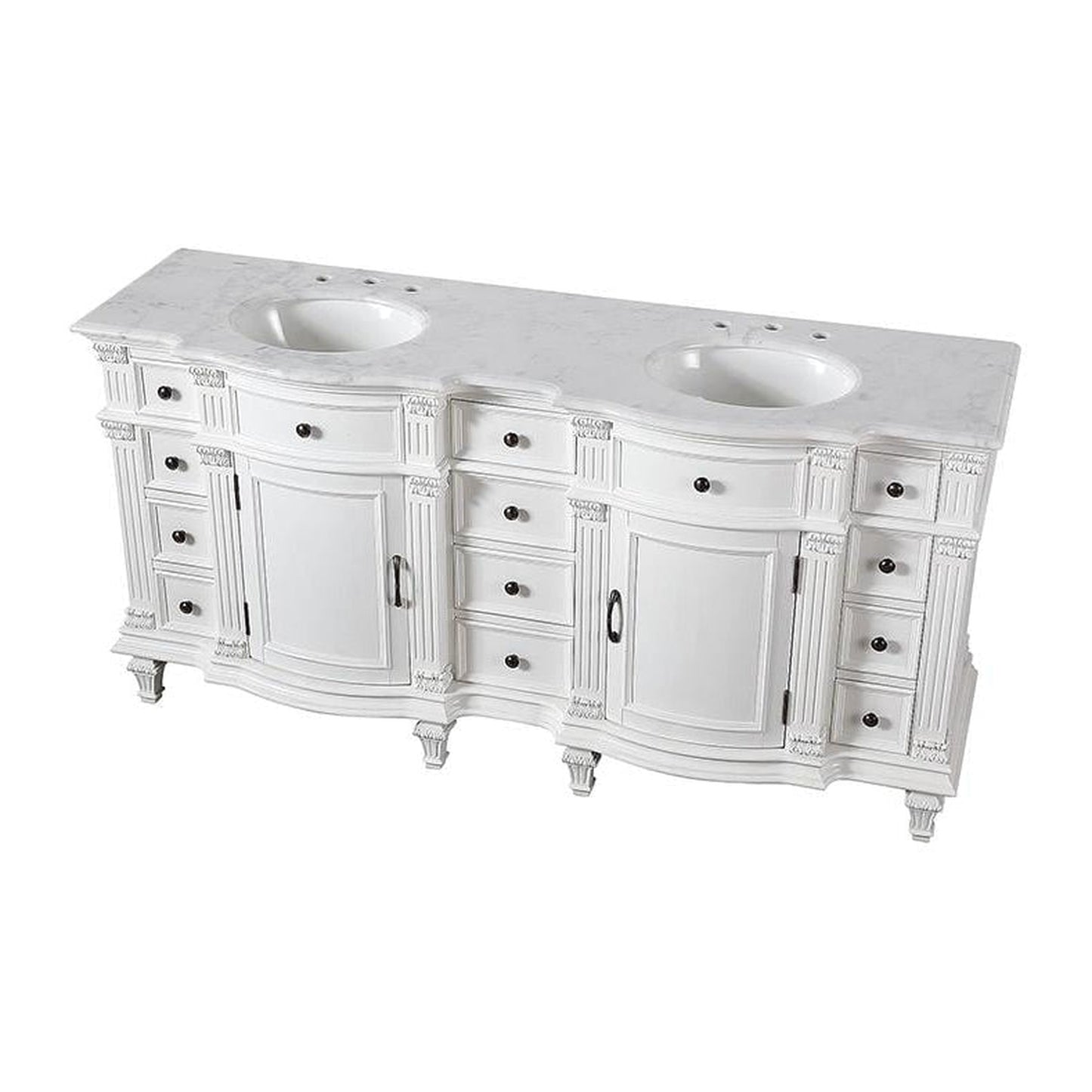 Silkroad Exclusive 72" Double Sink Antique White Bathroom Vanity With Carrara White Marble Countertop and White Ceramic Undermount Sink