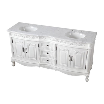 Silkroad Exclusive 72" Double Sink Antique White Bathroom Vanity With Carrara White Marble Countertop and White Ceramic Undermount Sink