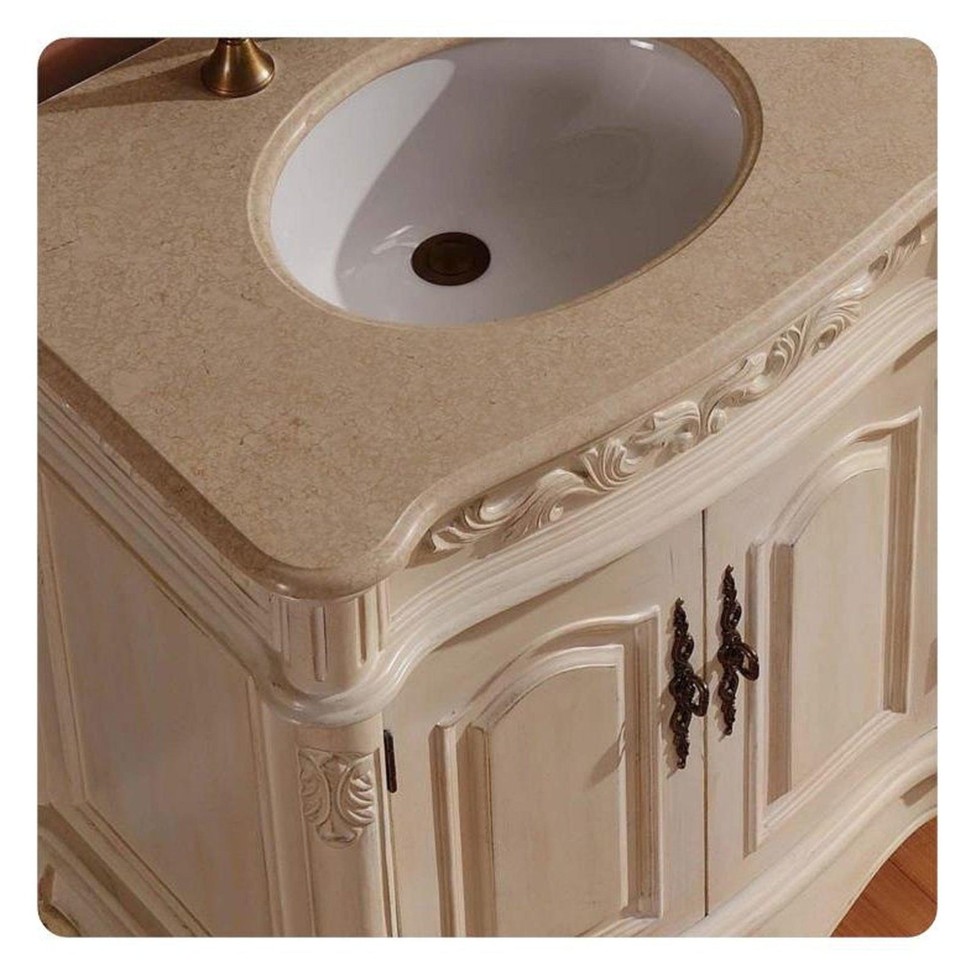 Silkroad Exclusive 72" Double Sink Antique White Bathroom Vanity With Crema Marfil Marble Countertop and White Ceramic Undermount Sink