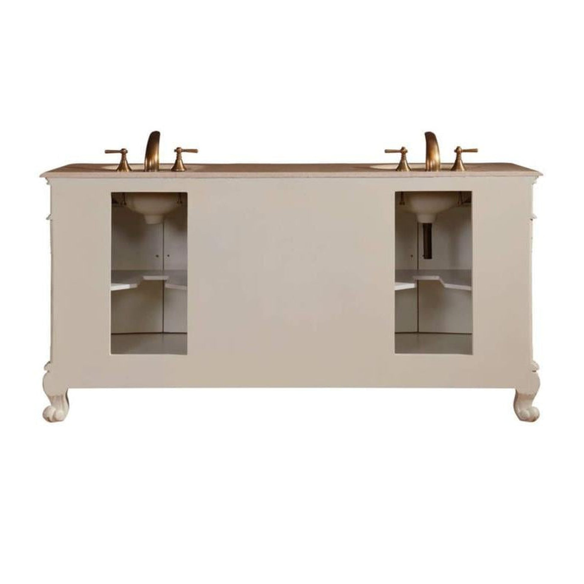Silkroad Exclusive 72" Double Sink Antique White Bathroom Vanity With Crema Marfil Marble Countertop and White Ceramic Undermount Sink