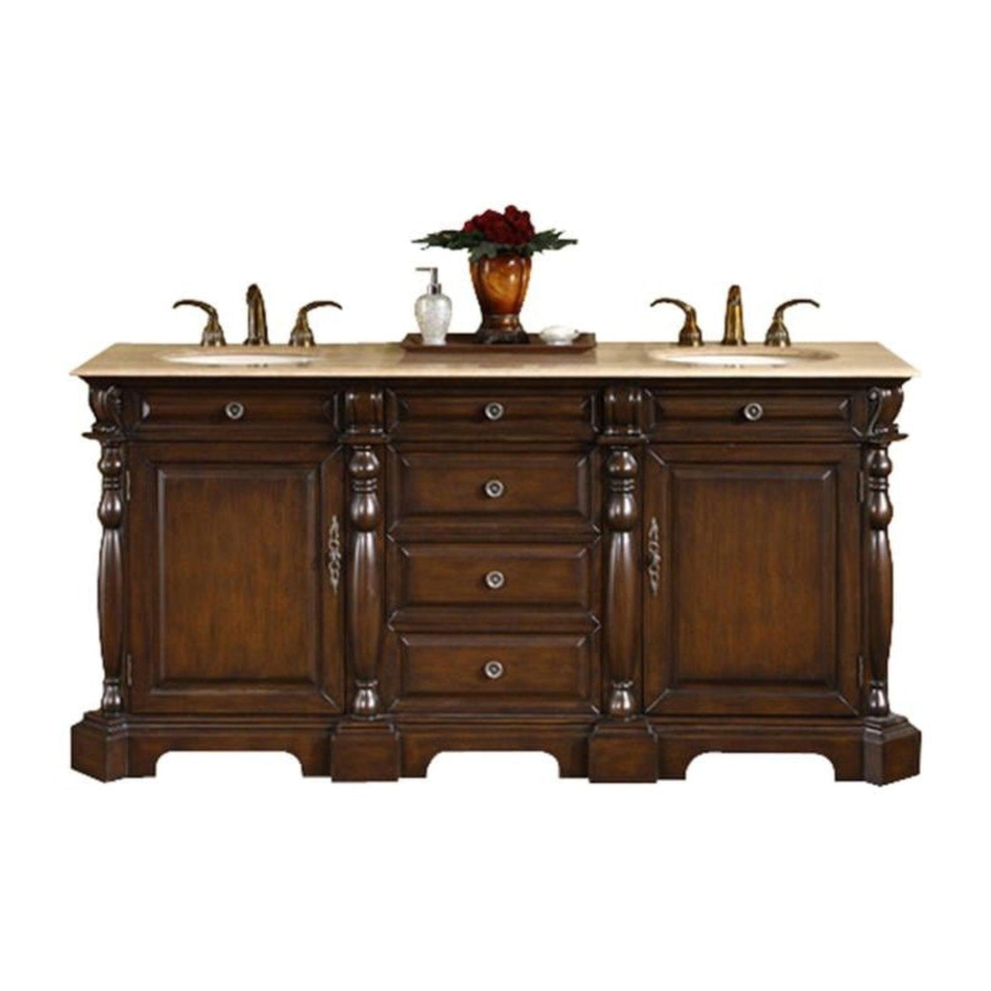 Silkroad Exclusive 72" Double Sink Dark Chestnut Bathroom Vanity With Travertine Countertop and Ivory Ceramic Undermount Sink