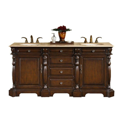 Silkroad Exclusive 72" Double Sink Dark Chestnut Bathroom Vanity With Travertine Countertop and Ivory Ceramic Undermount Sink