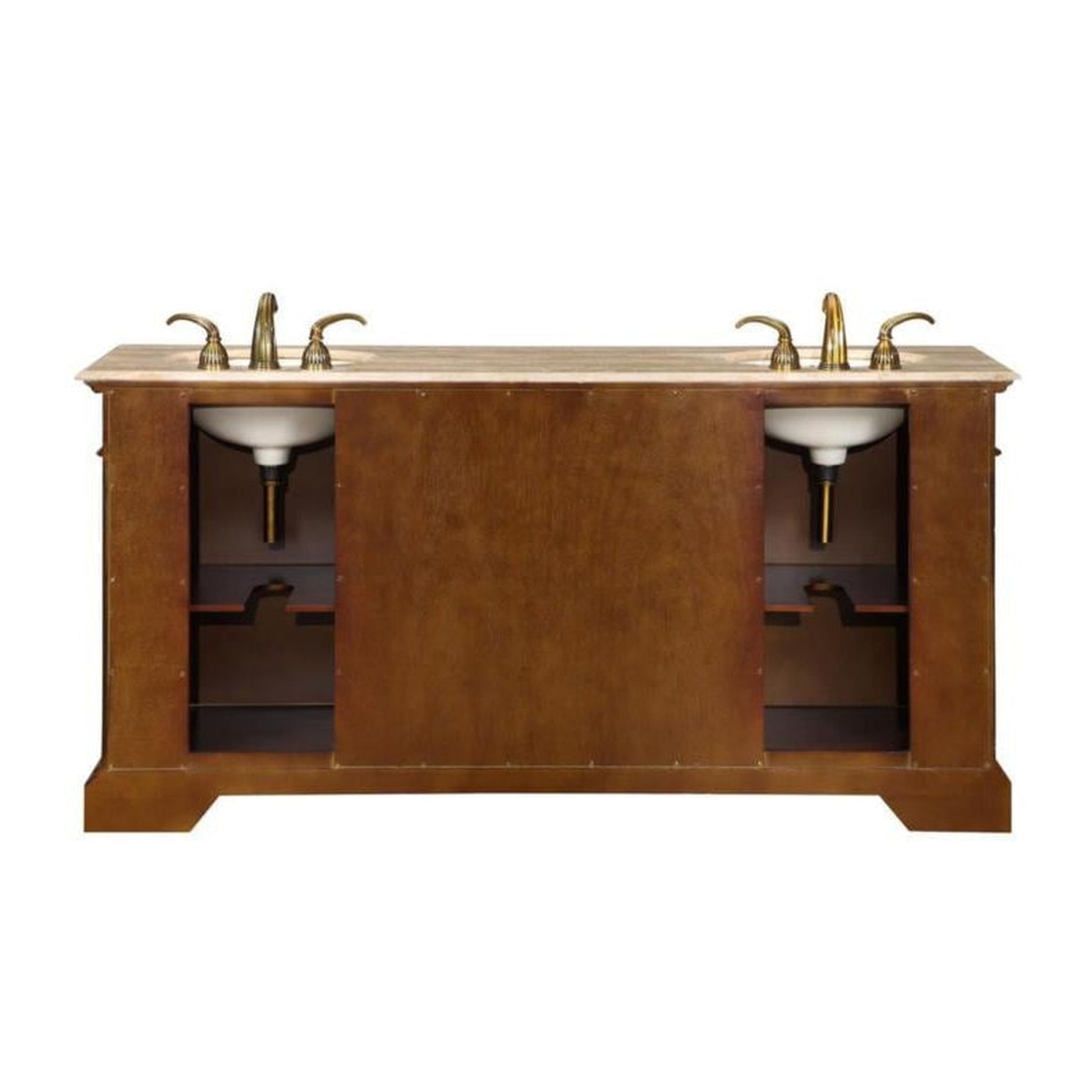 Silkroad Exclusive 72" Double Sink Dark Chestnut Bathroom Vanity With Travertine Countertop and Ivory Ceramic Undermount Sink