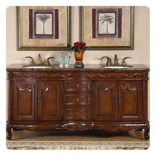 Silkroad Exclusive 72" Double Sink English Chestnut Bathroom Vanity With Baltic Brown Granite Countertop and Ivory Ceramic Undermount Sink