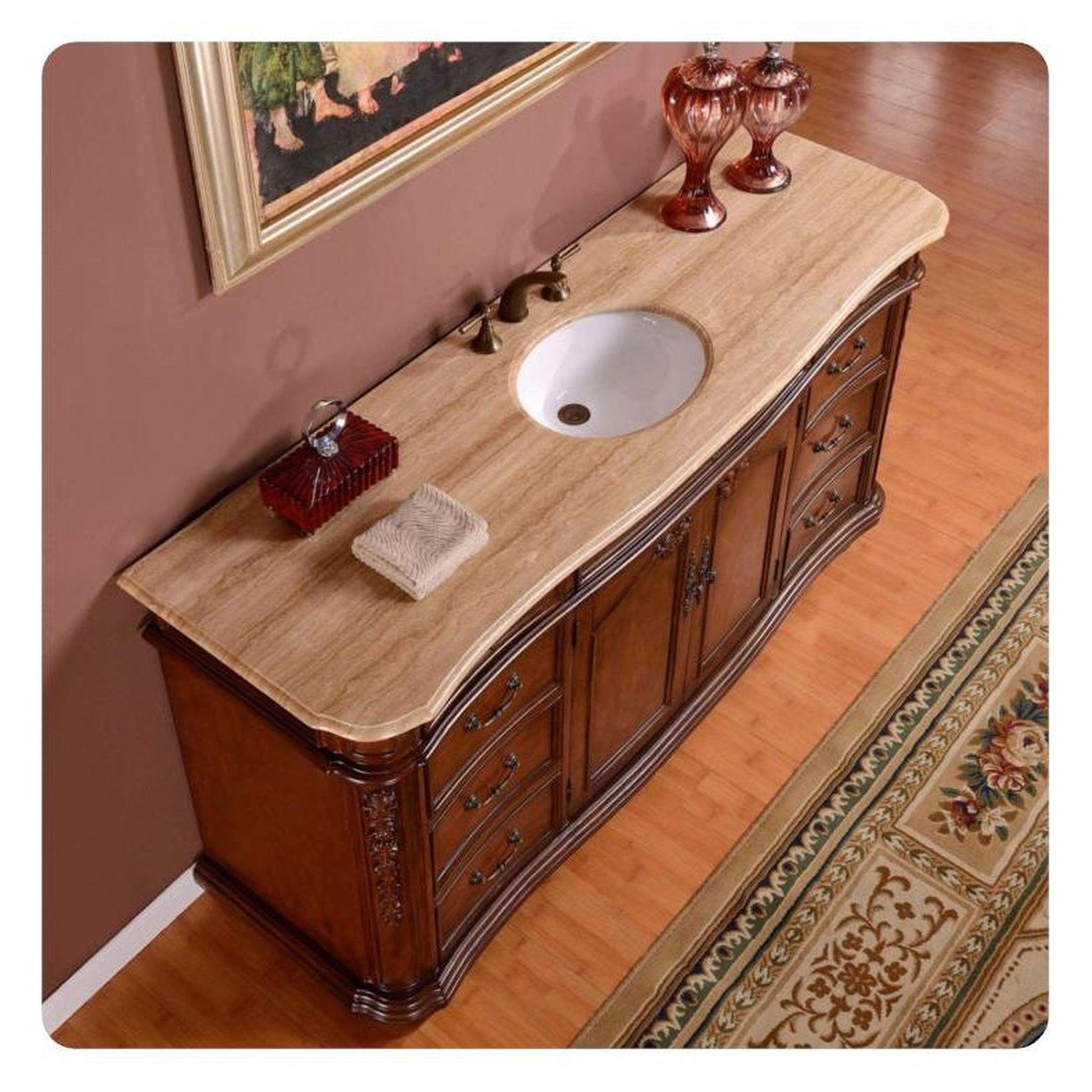 Silkroad Exclusive 72" Double Sink English Chestnut Bathroom Vanity With Travertine Countertop and White Ceramic Undermount Sink