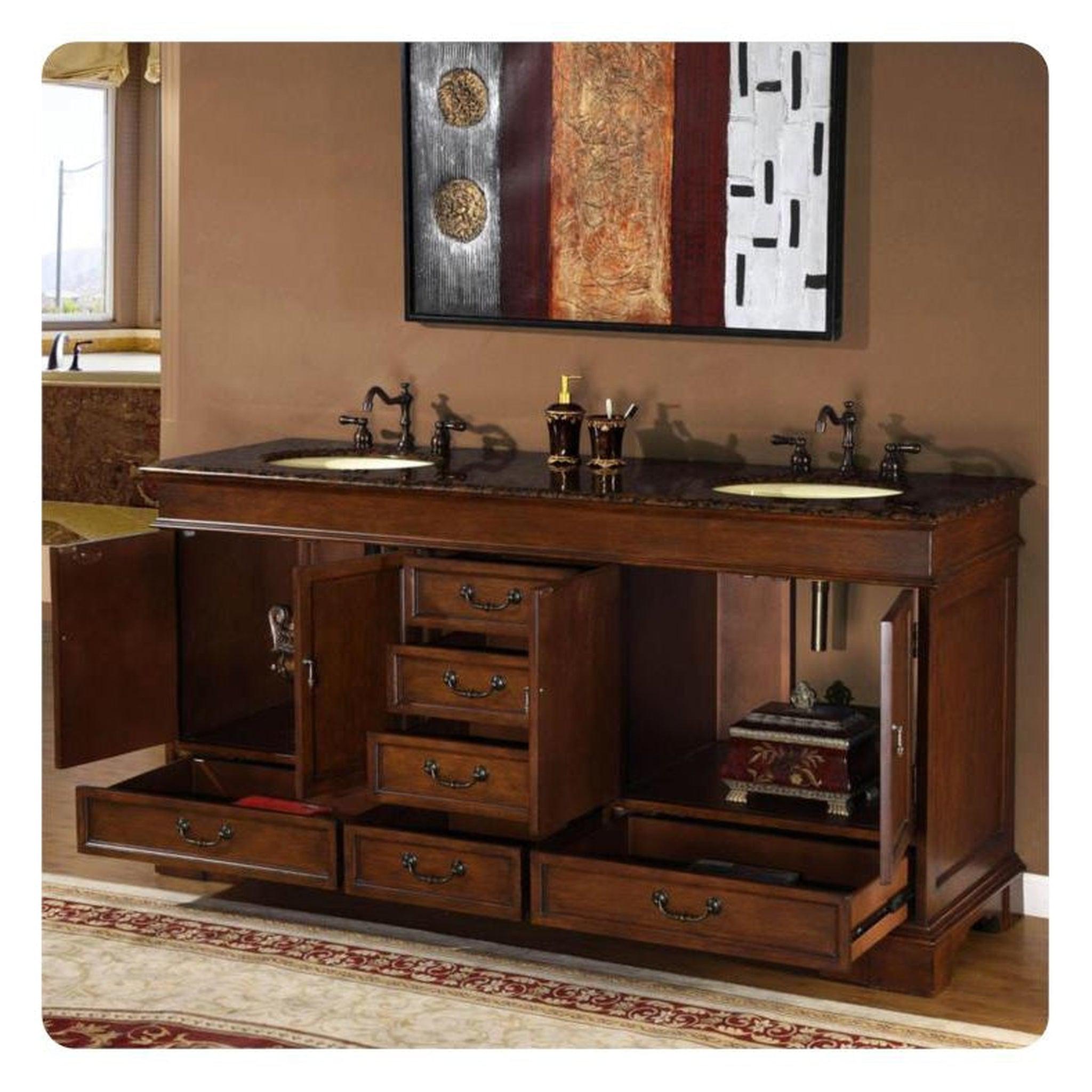 Silkroad Exclusive 72" Double Sink Red Chestnut Bathroom Vanity With B