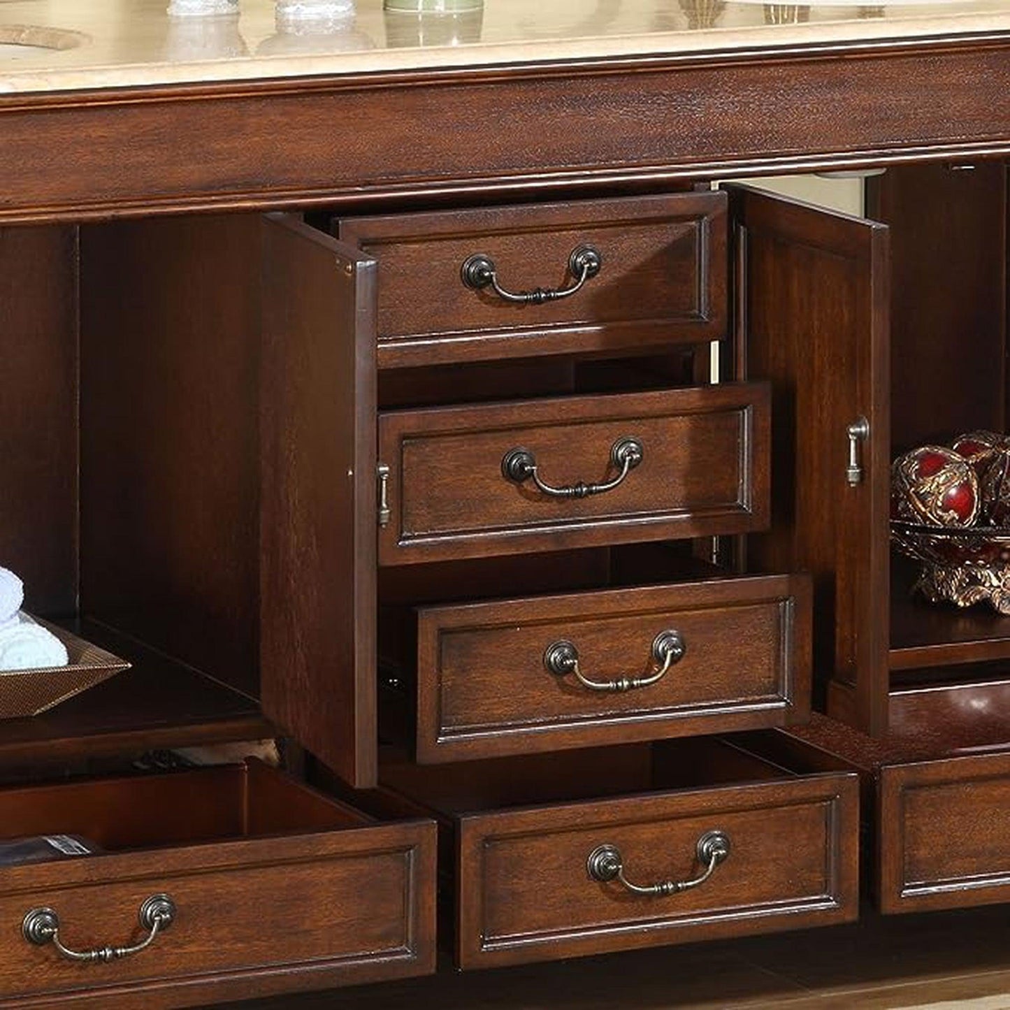 Silkroad Exclusive 72" Double Sink Red Chestnut Bathroom Vanity With Travertine Countertop and Ivory Ceramic Undermount Sink