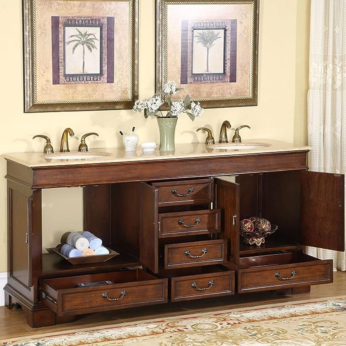 Silkroad Exclusive 72" Double Sink Red Chestnut Bathroom Vanity With Travertine Countertop and Ivory Ceramic Undermount Sink