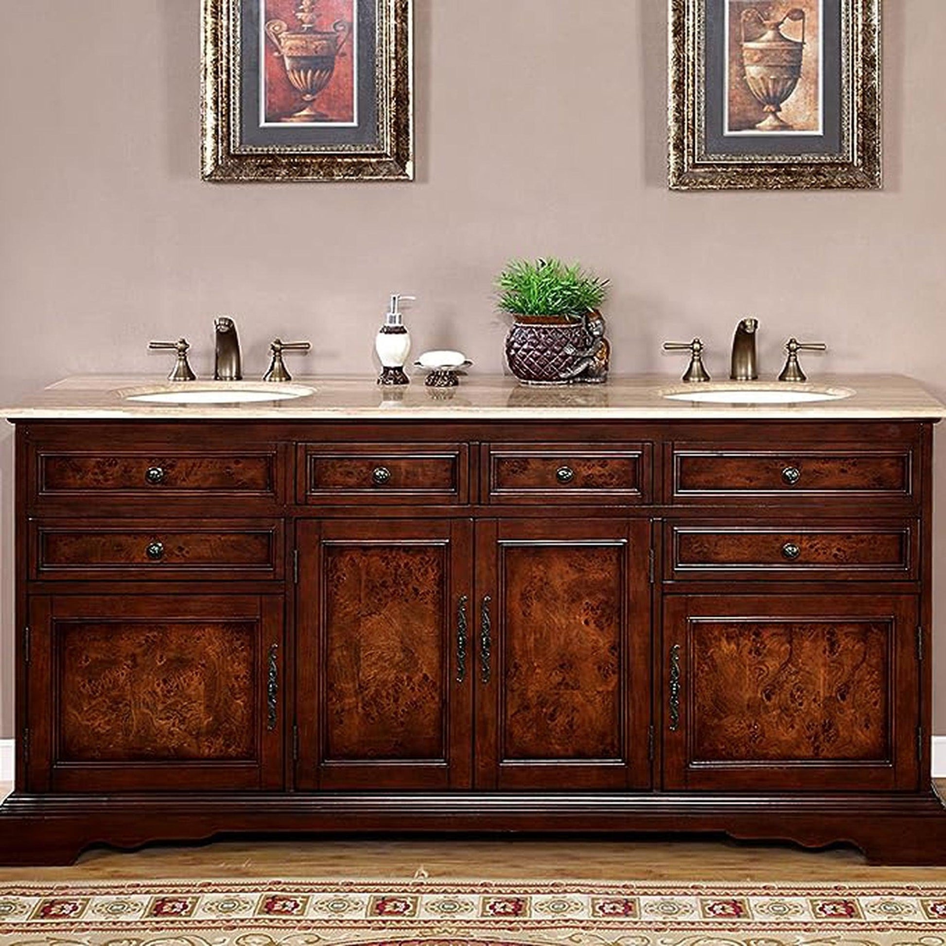 Silkroad Exclusive 72" Double Sink Red Chestnut Bathroom Vanity With Travertine Countertop and Ivory Ceramic Undermount Sink