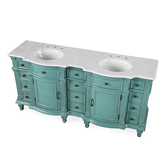Silkroad Exclusive 72" Double Sink Retro Green Bathroom Vanity With Carrara White Marble Countertop and White Ceramic Undermount Sink