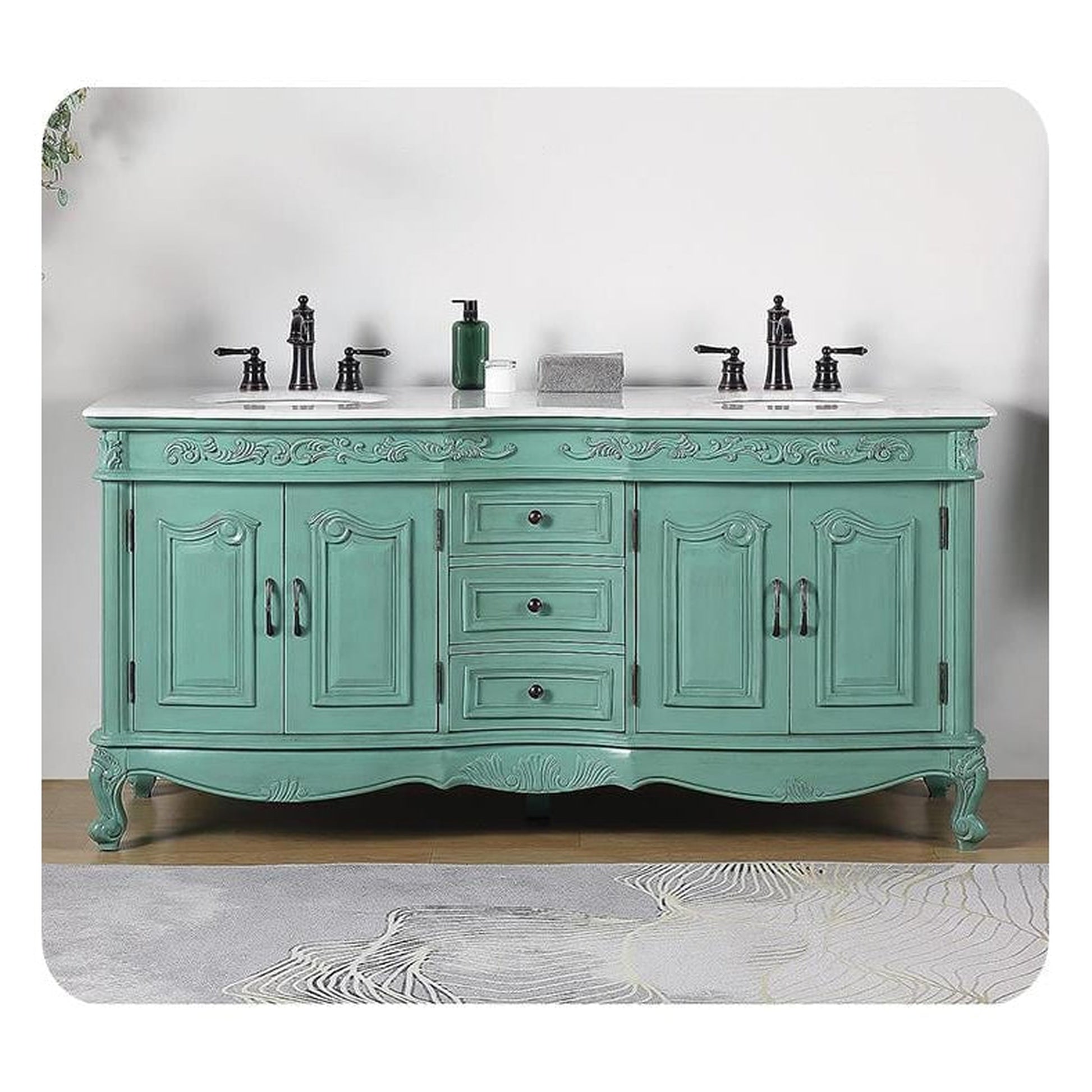 Silkroad Exclusive 72" Double Sink Vintage Green Bathroom Vanity With Carrara White Marble Countertop and White Ceramic Undermount Sink
