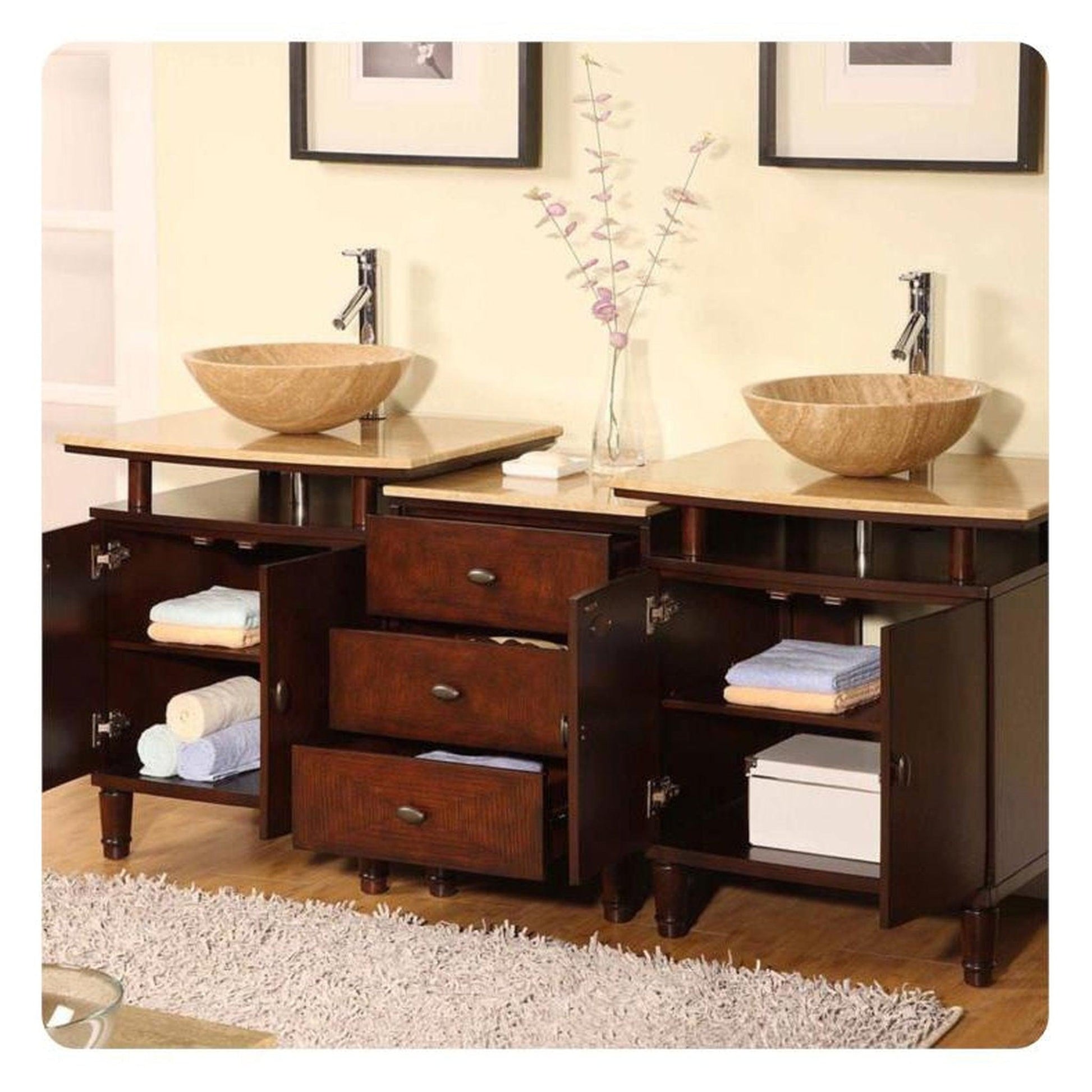 Silkroad Exclusive 73" Double Sink Dark Chestnut Bathroom Modular Vanity With Travertine Bevel Edge Countertop and Drawer Bank Cabinet