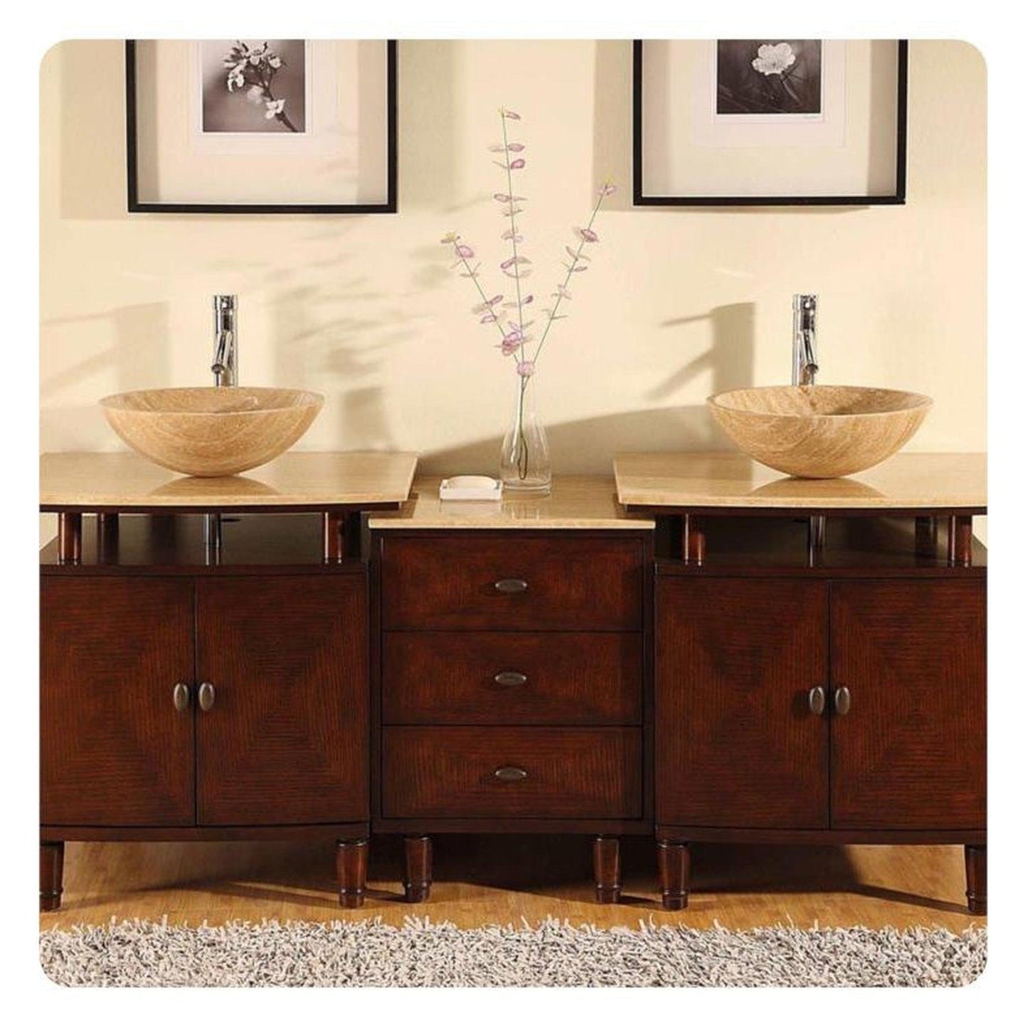 Silkroad Exclusive 73" Double Sink Dark Chestnut Bathroom Modular Vanity With Travertine Bevel Edge Countertop and Drawer Bank Cabinet