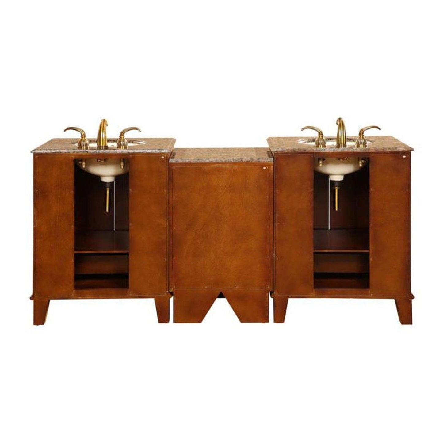 Silkroad Exclusive 76" Double Sink Special Walnut Modular Bathroom Vanity With Baltic Brown Granite Countertop, Ivory Ceramic Undermount Sink and Drawer Bank Cabinet