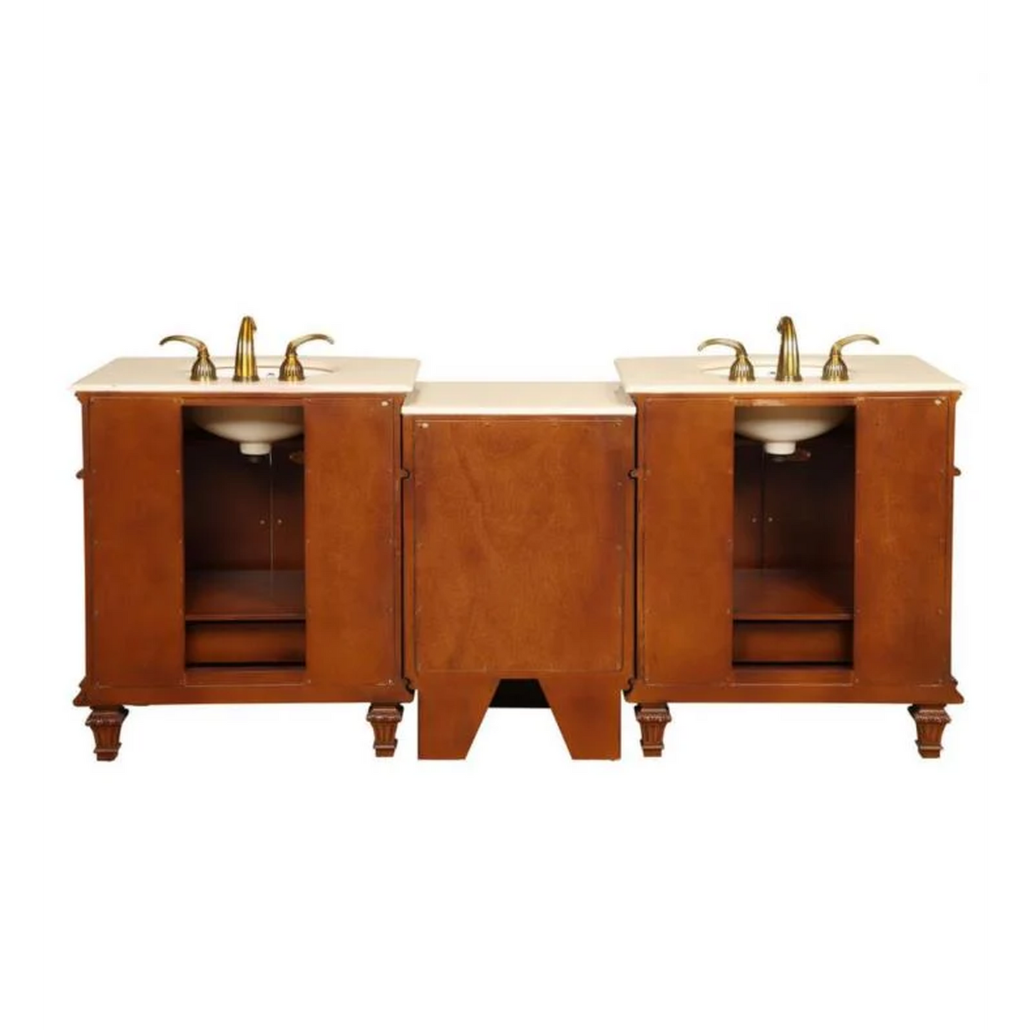 Silkroad Exclusive 80" Double Sink Cherry Modular Bathroom Vanity With Crema Marfil Marble Countertop, Ivory Ceramic Undermount Sink and Drawer Bank Cabinet