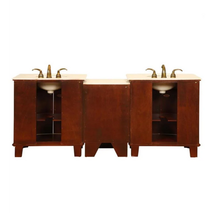 Silkroad Exclusive 84" Double Sink Cherry Modular Bathroom Vanity With Crema Marfil Marble Countertop, Ivory Ceramic Undermount Sink and Drawer Bank Cabinet