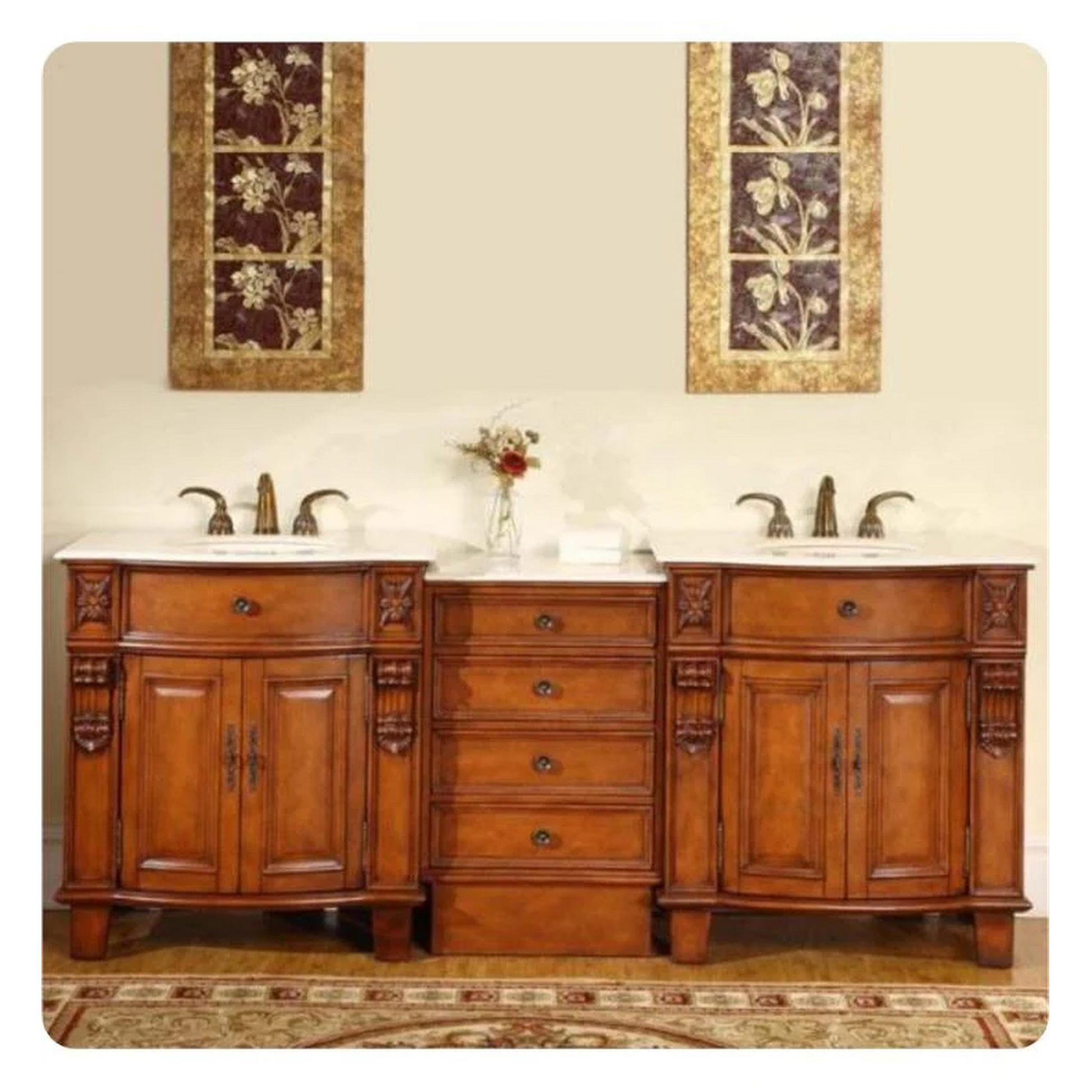 Silkroad Exclusive 84" Double Sink Cherry Modular Bathroom Vanity With Crema Marfil Marble Countertop, Ivory Ceramic Undermount Sink and Drawer Bank Cabinet