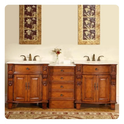 Silkroad Exclusive 84" Double Sink Cherry Modular Bathroom Vanity With Crema Marfil Marble Countertop, Ivory Ceramic Undermount Sink and Drawer Bank Cabinet