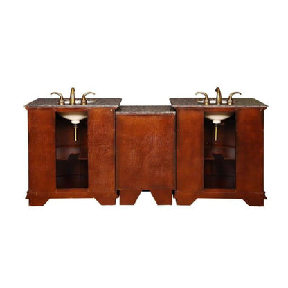 Silkroad Exclusive 85" Double Sink Cherry Modular Bathroom Vanity With Baltic Brown Granite Countertop, Ivory Ceramic Undermount Sink and Drawer Bank Cabinet