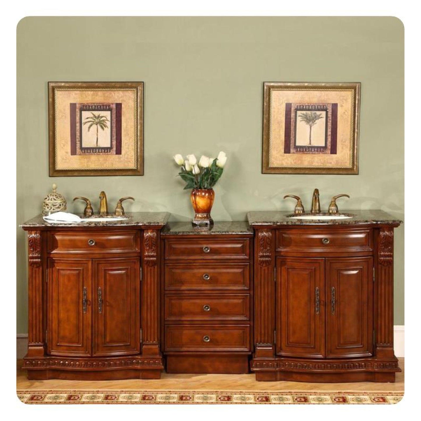 Silkroad Exclusive 85" Double Sink Cherry Modular Bathroom Vanity With Baltic Brown Granite Countertop, Ivory Ceramic Undermount Sink and Drawer Bank Cabinet