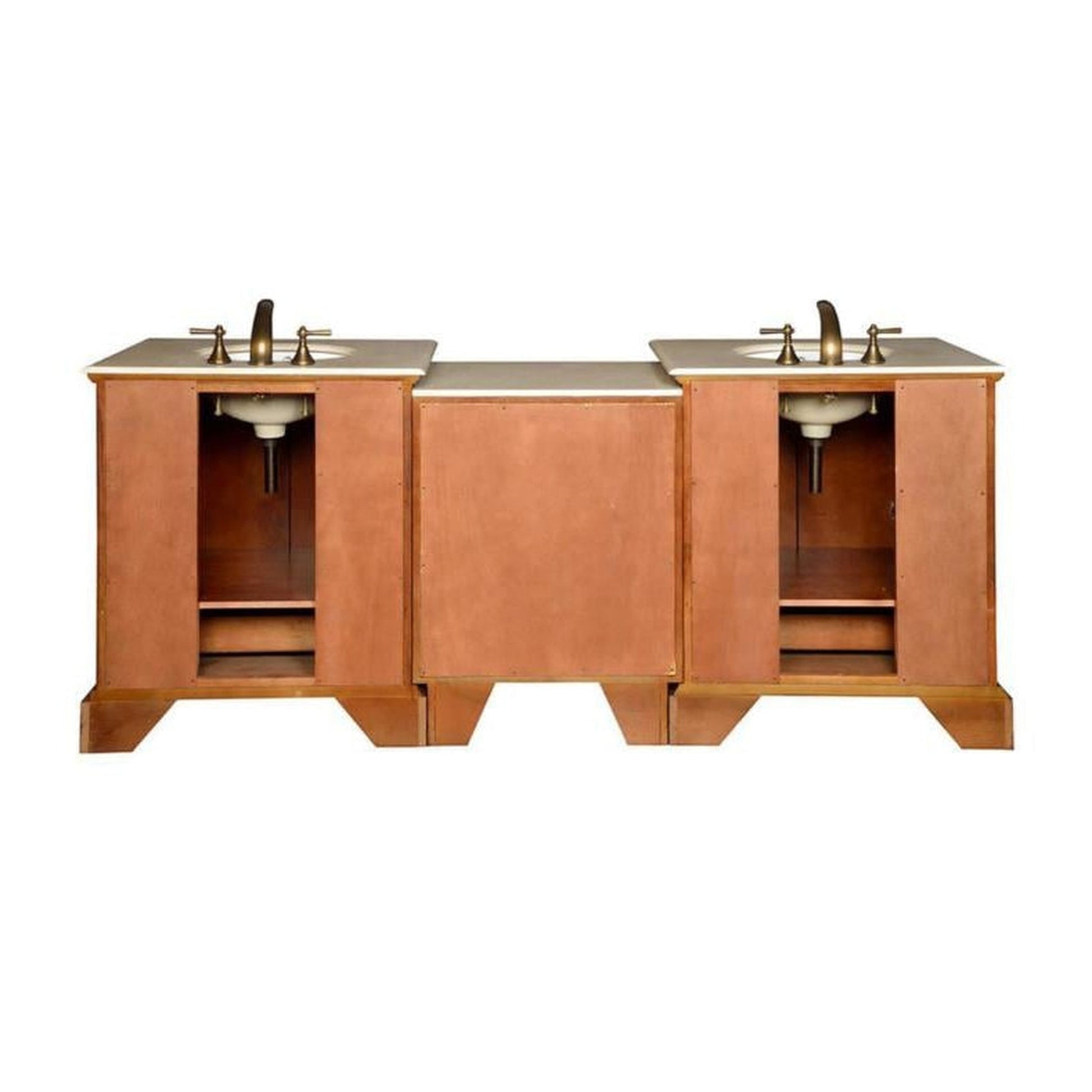 Silkroad Exclusive 87" Double Sink Walnut Modular Bathroom Vanity With Crema Marfil Marble Countertop and White Ceramic Undermount Sink