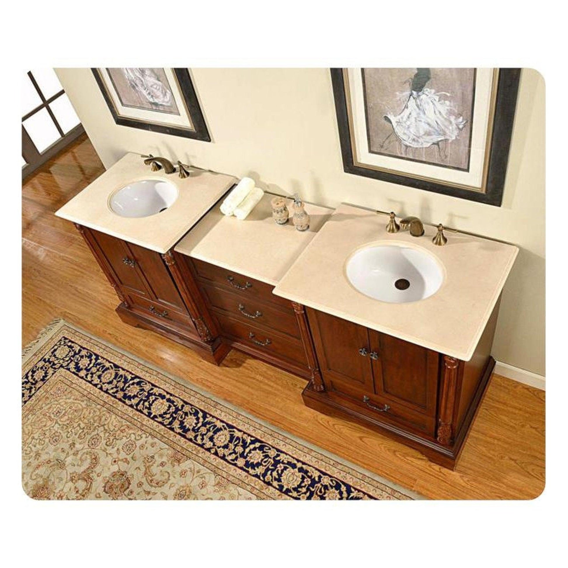 Silkroad Exclusive 87" Double Sink Walnut Modular Bathroom Vanity With Crema Marfil Marble Countertop and White Ceramic Undermount Sink