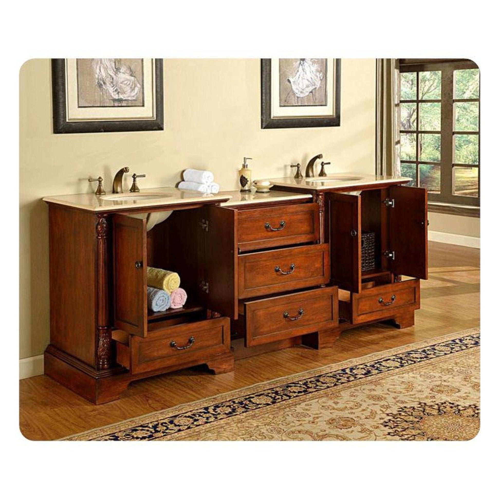 Silkroad Exclusive 87" Double Sink Walnut Modular Bathroom Vanity With Crema Marfil Marble Countertop and White Ceramic Undermount Sink