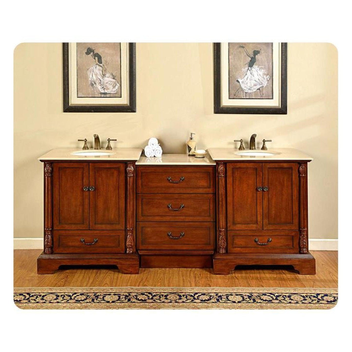 Silkroad Exclusive 87" Double Sink Walnut Modular Bathroom Vanity With Crema Marfil Marble Countertop and White Ceramic Undermount Sink