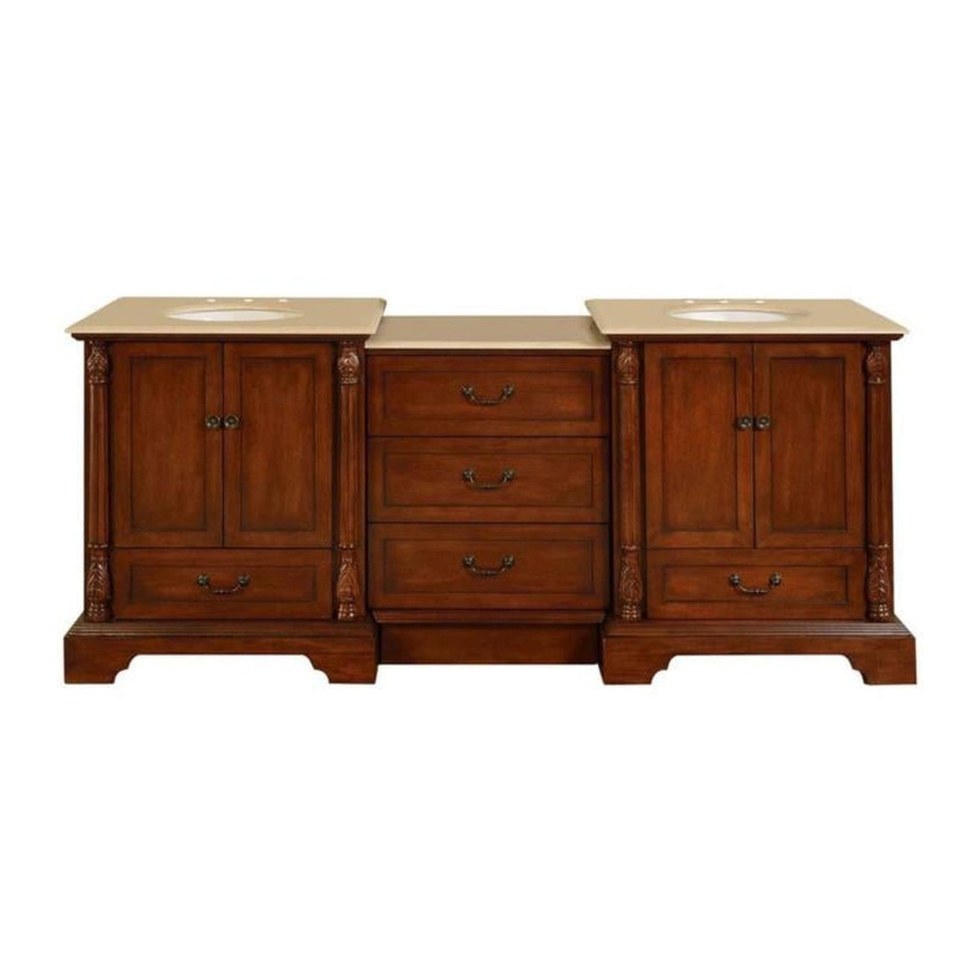 Silkroad Exclusive 87" Double Sink Walnut Modular Bathroom Vanity With Crema Marfil Marble Countertop and White Ceramic Undermount Sink