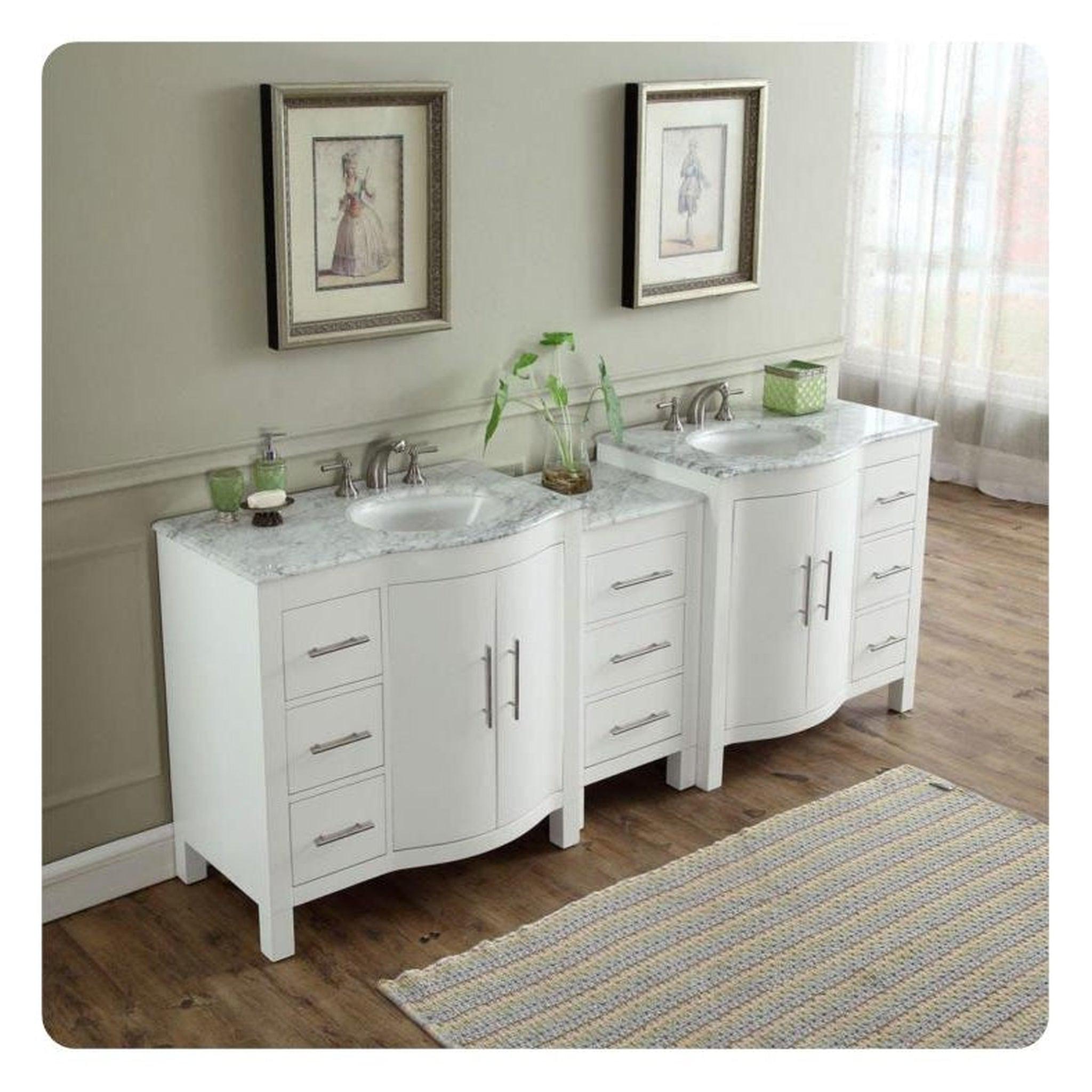 Silkroad Exclusive 89" Double Sink White Bathroom Vanity With Carrara
