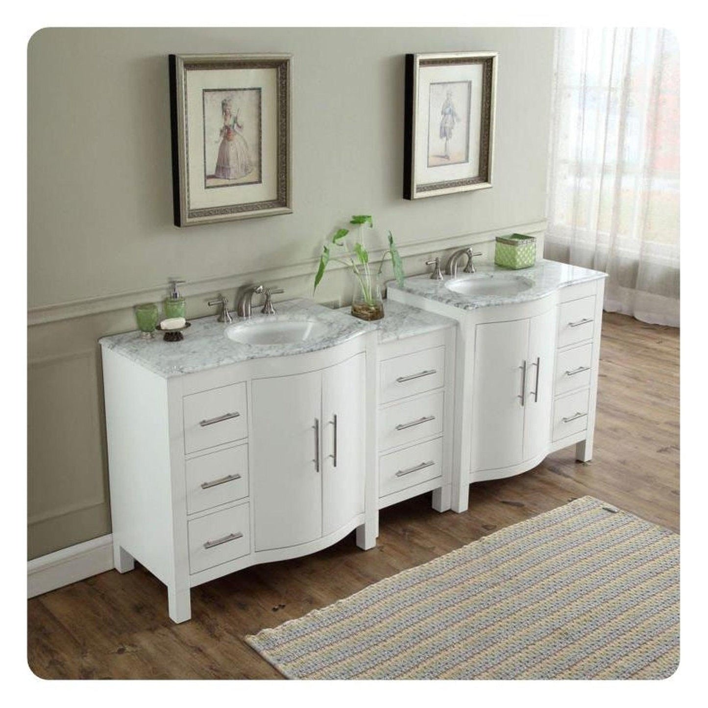 Silkroad Exclusive 89" Double Sink White Bathroom Vanity With Carrara White Marble Countertop and White Ceramic Undermount Sink