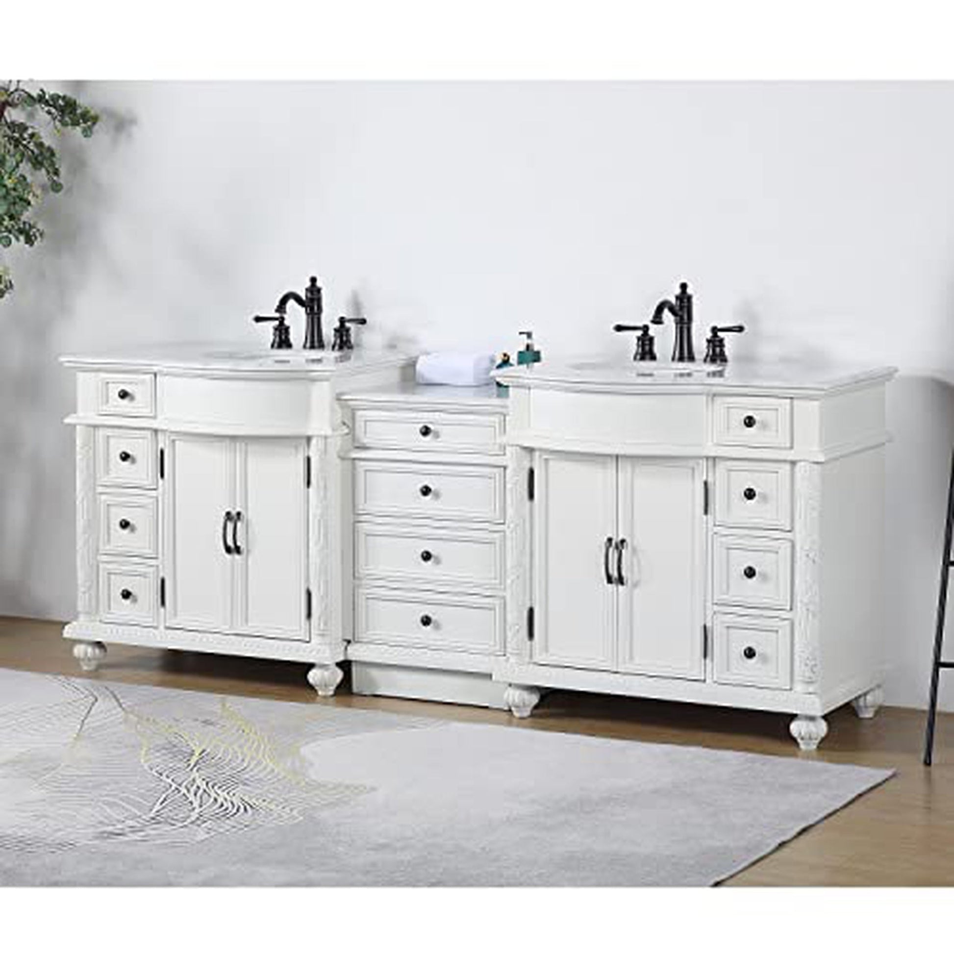 Silkroad Exclusive 90" Double Sink Antique White Modular Bathroom Vanity With Carrara White Marble Countertop and White Ceramic Undermount Sink