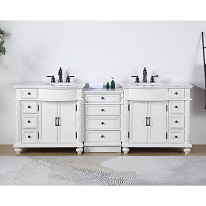 Silkroad Exclusive 90" Double Sink Antique White Modular Bathroom Vanity With Carrara White Marble Countertop and White Ceramic Undermount Sink