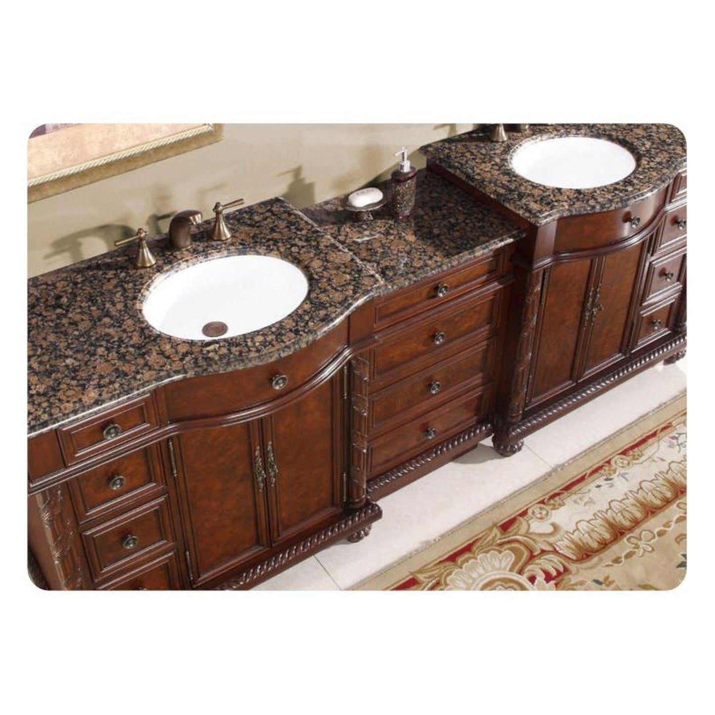 Silkroad Exclusive 90" Double Sink English Chestnut Modular Bathroom Vanity With Baltic Brown Granite Countertop, White Ceramic Undermount Sink and Drawer Bank Cabinet