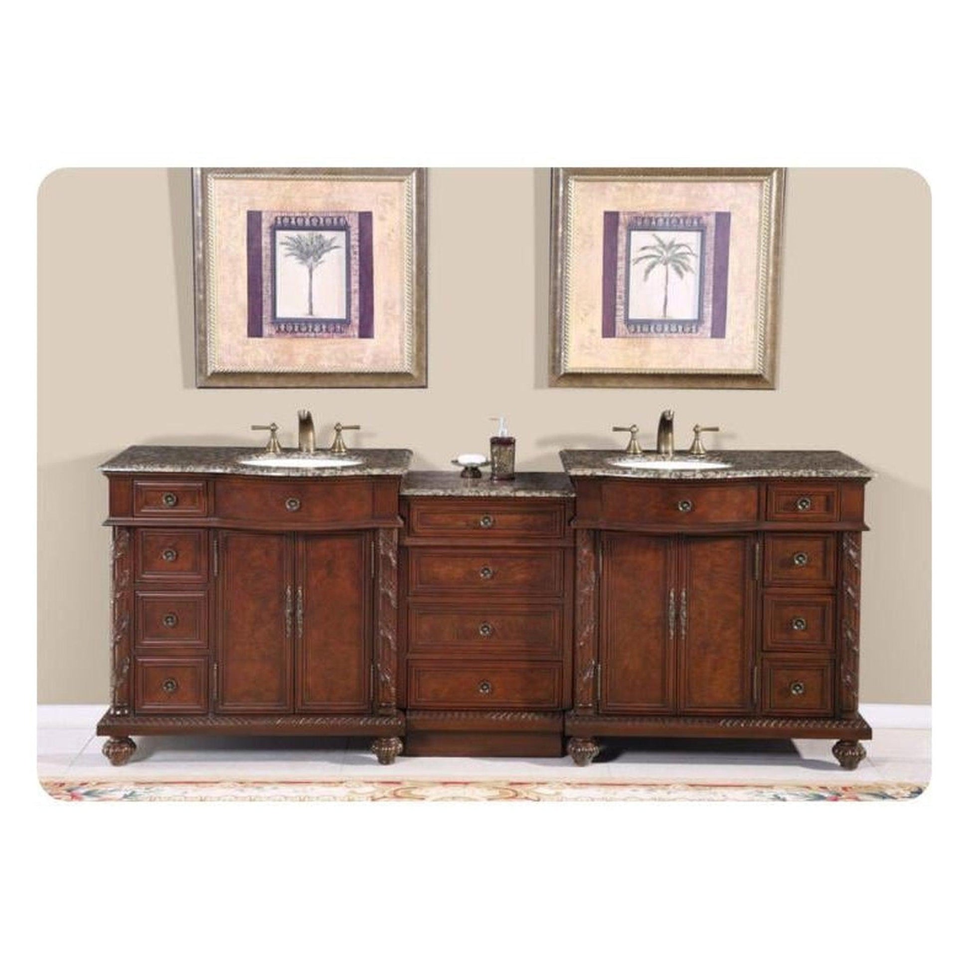 Silkroad Exclusive 90" Double Sink English Chestnut Modular Bathroom Vanity With Baltic Brown Granite Countertop, White Ceramic Undermount Sink and Drawer Bank Cabinet
