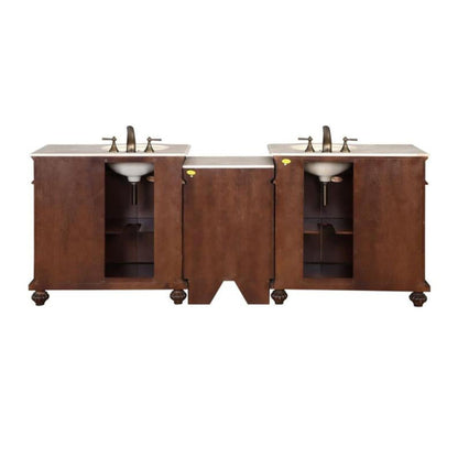 Silkroad Exclusive 90" Double Sink English Chestnut Modular Bathroom Vanity With Crema Marfil Marble Countertop, Ivory Ceramic Undermount Sink and Drawer Bank Cabinet