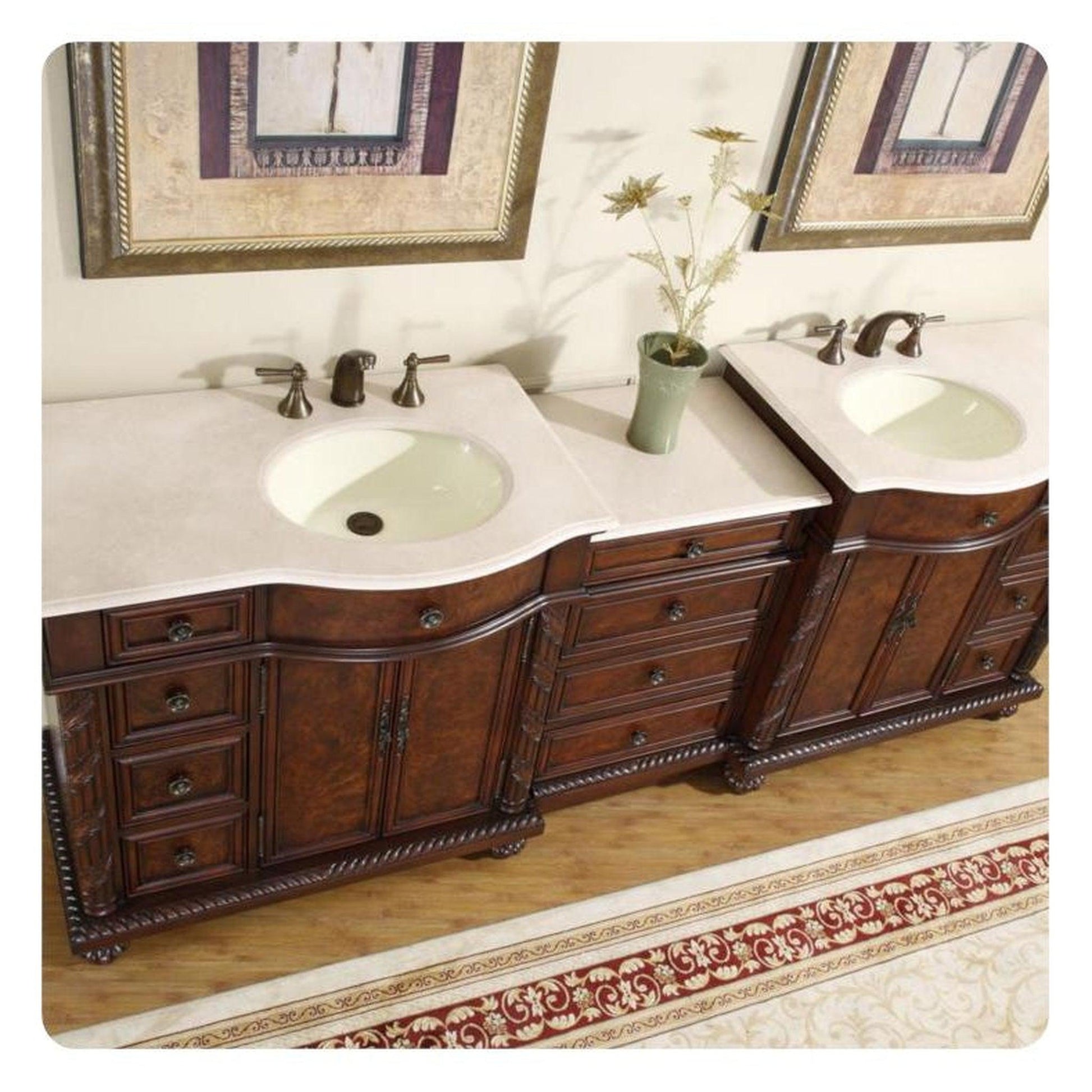 Silkroad Exclusive 90" Double Sink English Chestnut Modular Bathroom Vanity With Crema Marfil Marble Countertop, Ivory Ceramic Undermount Sink and Drawer Bank Cabinet