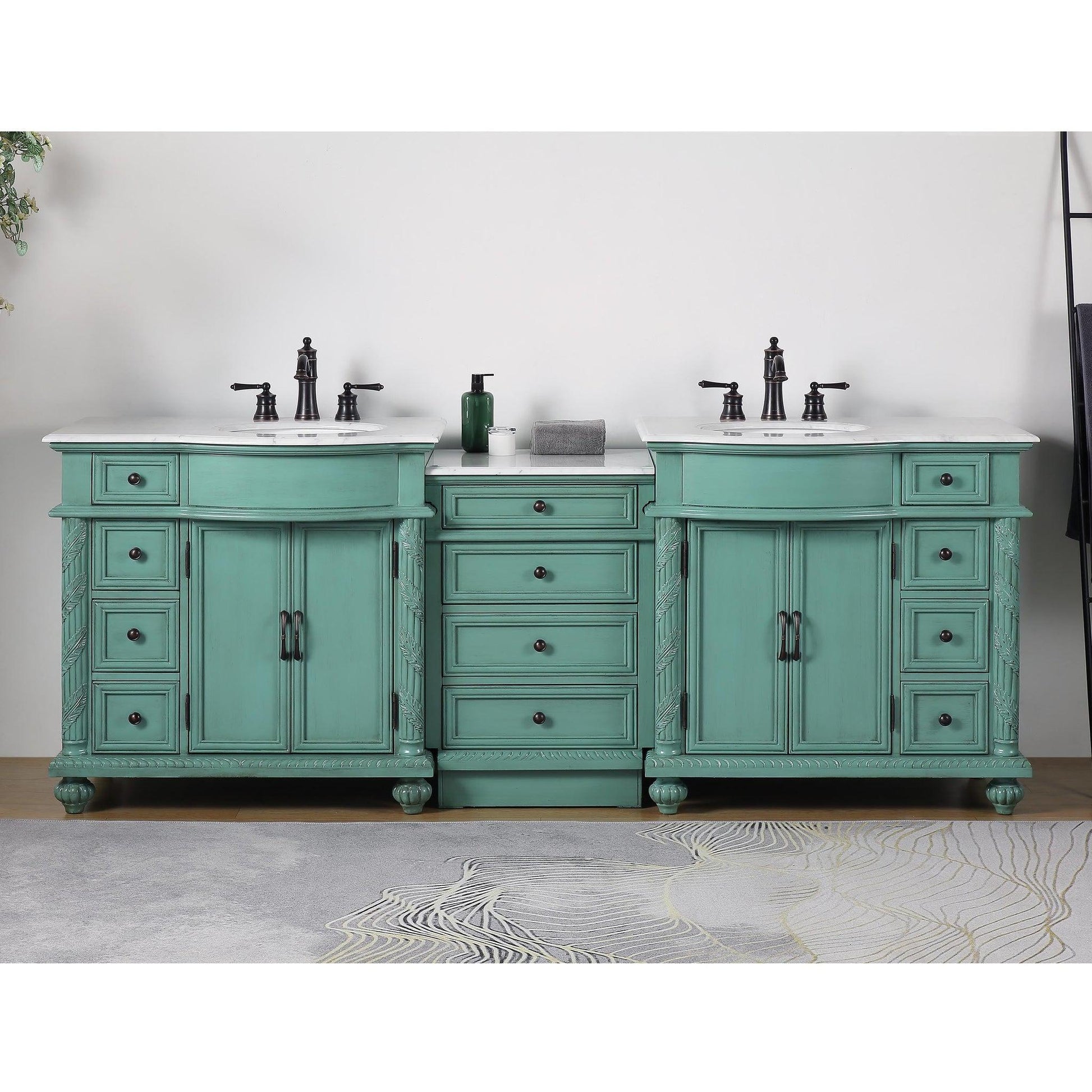 Silkroad Exclusive 90" Double Sink Vintage Green Modular Bathroom Vanity With Carrara White Marble Countertop and White Ceramic Undermount Sink