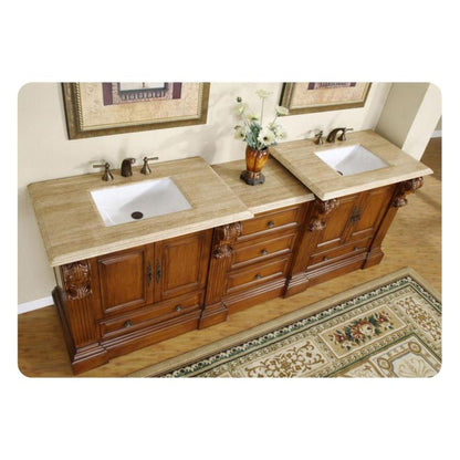 Silkroad Exclusive 95" Double Sink Cherry Modular Bathroom Vanity With Travertine Countertop and White Ceramic Undermount Sink