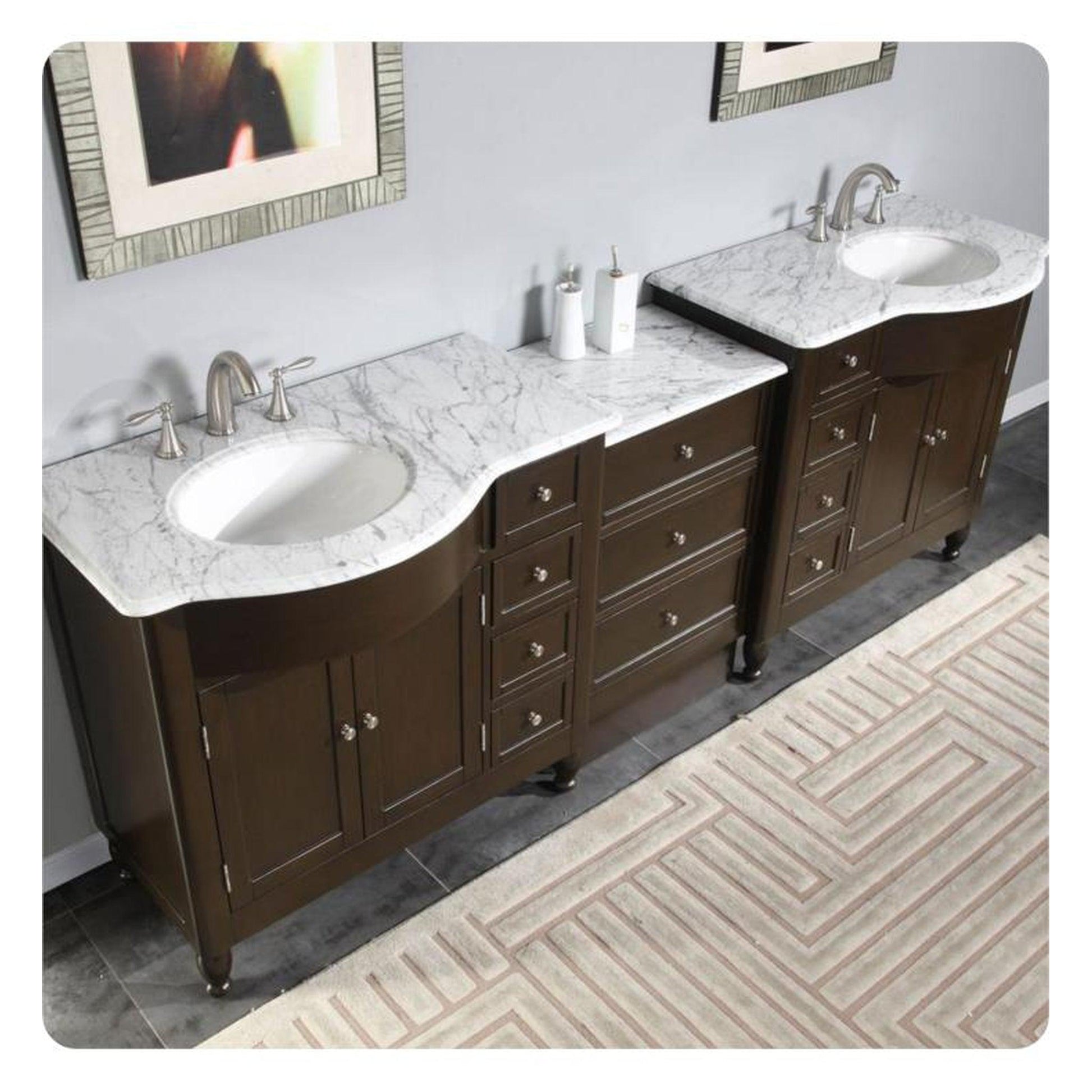 Silkroad Exclusive 95" Double Sink Dark Walnut Bathroom Modular Vanity With Carrara White Marble Countertop and White Ceramic Undermount Sink